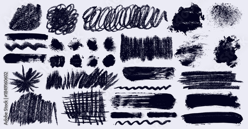 Crayon, charcoal strikethrough lines, wave brush strokes set. Hand drawn doodle underlines, marker, crayon stripes, curly lines, pencil dividers for notes, highlights, artistic sketch design elements.