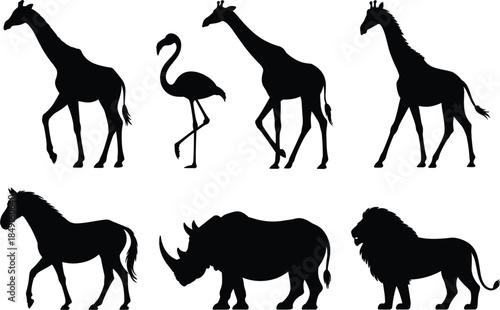 African safari animal silhouettes, giraffe lion rhino zebra flamingo vector illustration set.
