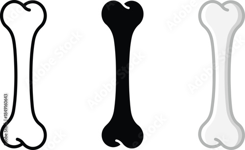 Bone icon set with outline, solid black, and shaded white versions for medical themes