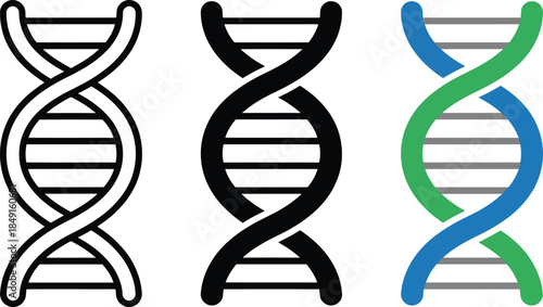 DNA helix icon set with outline, solid black, and colorful blue and green strands