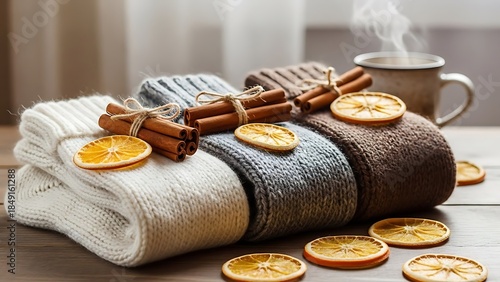 Cozy Winter Still Life: Socks, Cinnamon, and Warm Drink