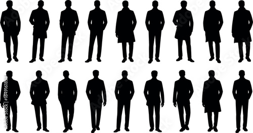 Collection of male silhouettes in various poses and outfits