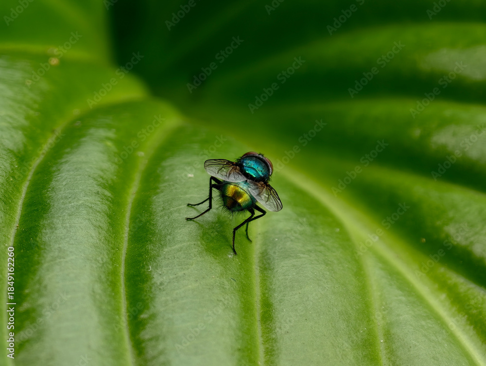Fototapeta premium Single small fly standing on green leaf, minimal macro composition with soft background.
