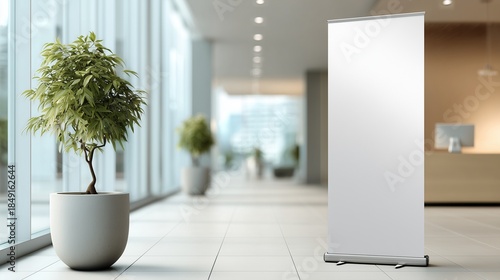 A clean and professional interior shot of a modern office hallway or corridor, designed to showcase a blank vertical roll-up banner  ideal for mockups 