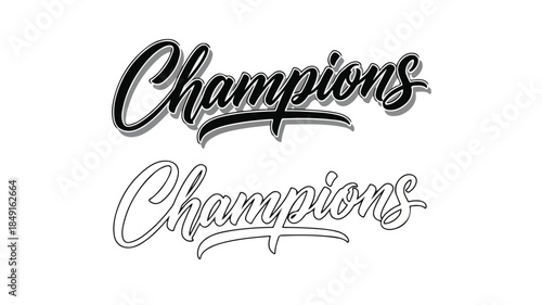 Black and white cursive text reading 'Champions' on a plain white background with a subtle shadow effect.