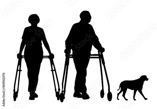 Disabled people silhouettes walking with crutches and dog isolated on white background