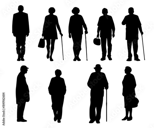 Set of business people silhouettes walking and standing isolated on white background