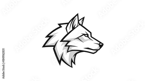 Stylized monochrome wolf head emblem with sharp angular features and bold outlines ideal for