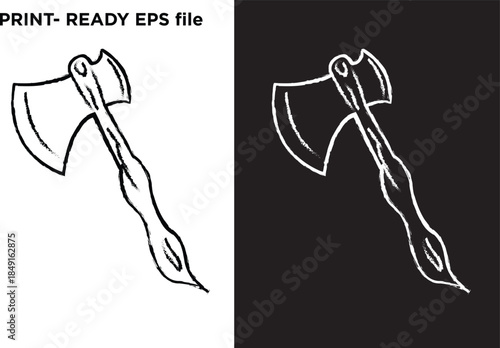 Hand Drawn Axe Illustration – Vintage Hatchet Sketch, Black and White Grunge EPS Vector