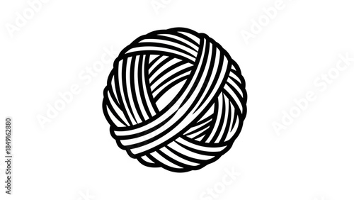 Minimalist black and white illustration of a woven yarn ball with intricate thread patterns