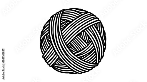 Intricate black and white abstract yarn ball with detailed weaving patterns for textile art or