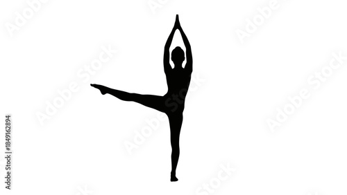 Elegant silhouette of a person performing a graceful yoga pose with extended arms and leg balance