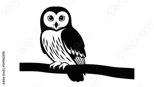 Stylized black and white cartoon owl perched on a branch with detailed feather patterns