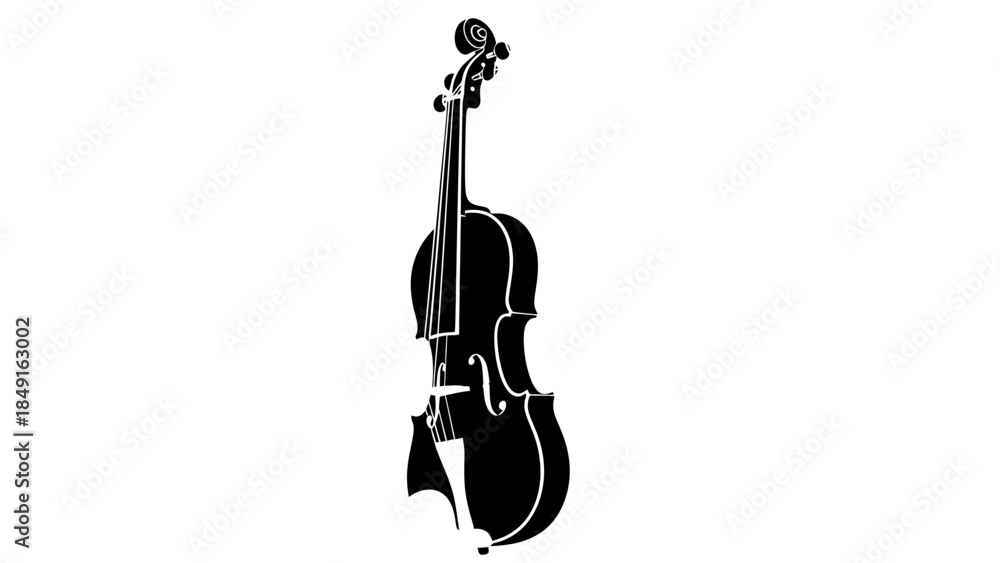 Fototapeta premium Minimalist black and white silhouette of a classical cello standing upright against a plain white