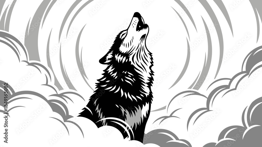 Obraz premium Majestic howling wolf silhouette amidst swirling wind patterns and dynamic clouds