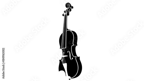 Minimalist black and white silhouette of a classical cello standing upright against a plain white