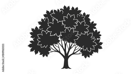 Stylized black silhouette of a lush deciduous tree with spreading branches and dense foliage