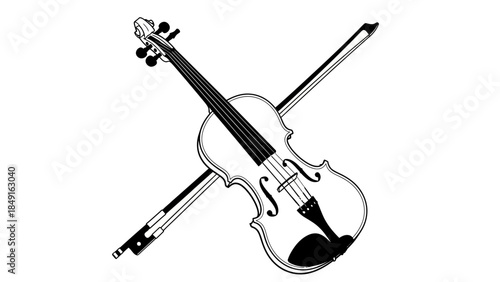 Elegant black and white violin with bow crossing underneath in minimalistic style