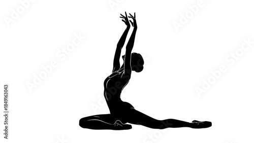 Elegant silhouette of a woman performing side split yoga pose with raised arms