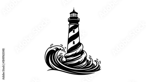 Stylized black and white lighthouse illustration with dramatic waves and swirling sea elements
