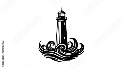 minimalist black and white lighthouse illustration surrounded by stylized waves emphasizing