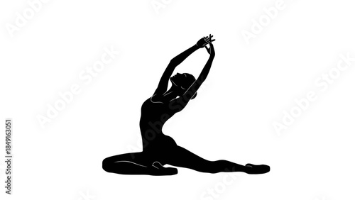 Silhouette of a person demonstrating flexibility in a seated side stretch yoga pose in black and