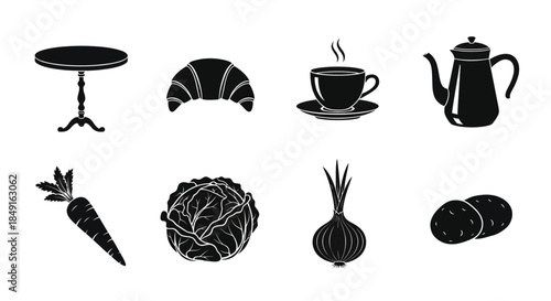 Black and white illustration of coffee pastry vegetables and table objects