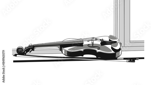 Minimalist Black and White Illustration of a Violin Resting Indoors