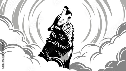 Majestic howling wolf silhouette amidst swirling wind patterns and dynamic clouds