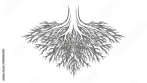 Intricate black and white illustration of a tree's underground root system showcasing complex