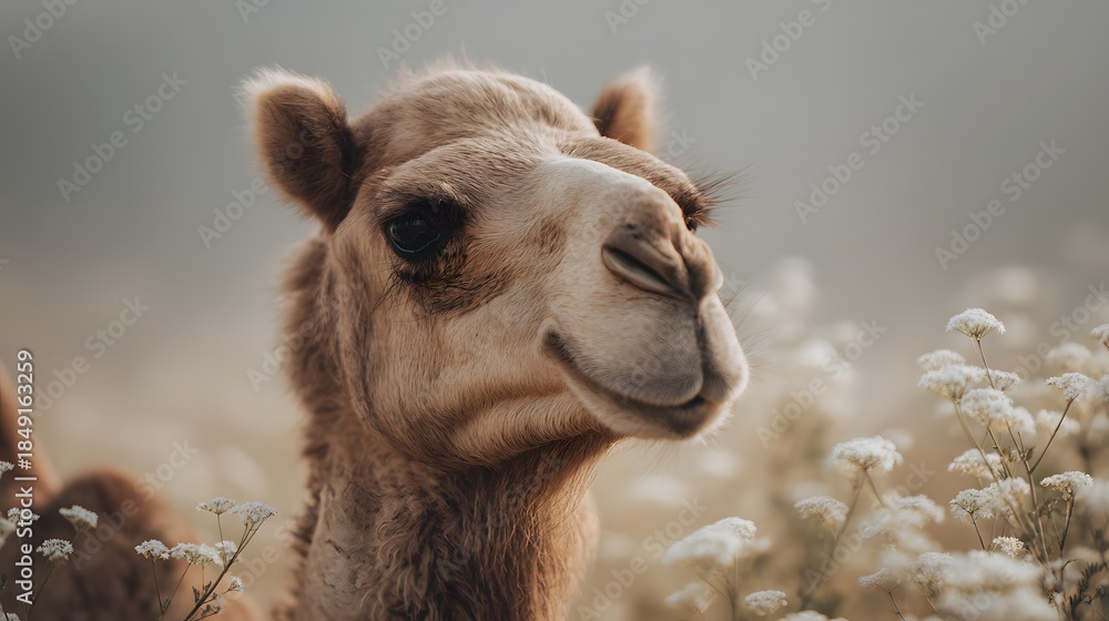 Obraz premium Close-up portrait of a majestic camel in a serene natural environment, capturing its unique features.
