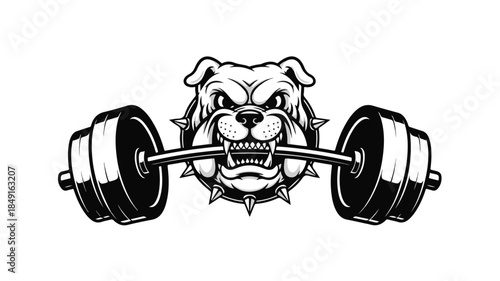 A black and white illustration of a muscular bulldog's head lifting a barbell with weights on a plain white background.