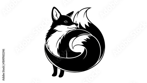 Stylized fox with an intricate swirling tail design in monochrome vector art