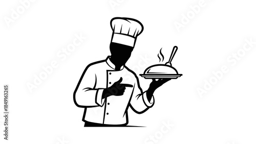 Silhouette of a professional chef holding a steaming dish with a pointing gesture in a monochrome