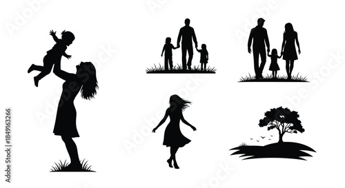 Silhouette family scenes depict love togetherness and joyful outdoor moments
