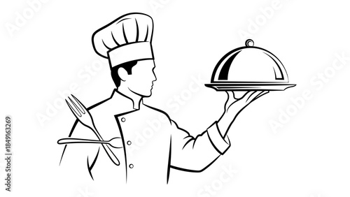 Elegant Chef Holding a Cloche with a Fork and Culinary Attire Illustration