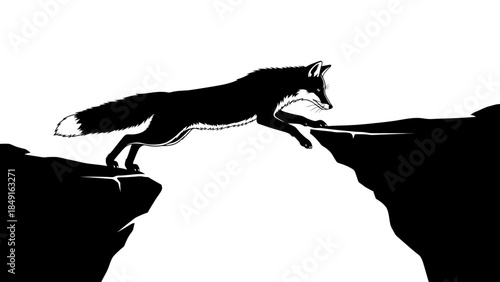 Stylized black and white silhouette of a fox leaping over a chasm with a waterfall in a