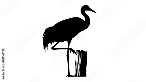 Minimalist black silhouette of a heron perched on a weathered wooden post against a plain white