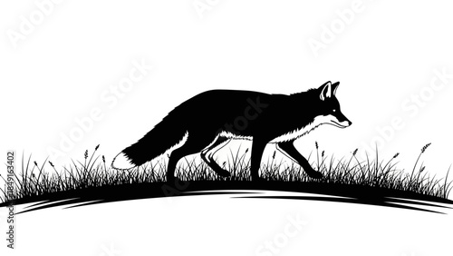 Silhouette of a cunning fox wandering through grassy terrain at dusk in a minimalistic black and