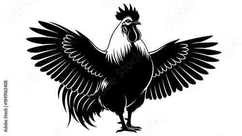 Stylized black and white illustration of a bird with outstretched wings and intense gaze