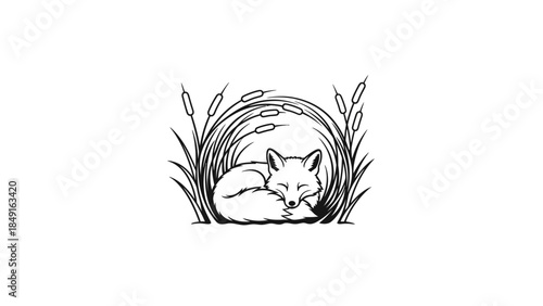 Minimalistic Line Art Illustration of a Restful Fox Contained Within Reeds and Grass