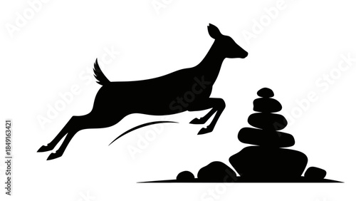 Serene silhouette of a leaping deer beside a balanced stone zen garden scene