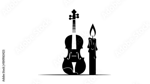 minimalist black and white silhouette of a violin coupled with a lit candle representing artistic
