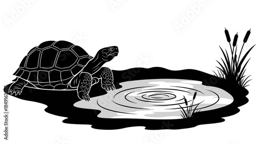 Serene black and white illustration of a tortoise near a tranquil pond with cattails and ripples