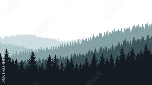 Serene Layered Forest Landscape Depicting Tranquil Evergreen Trees in Varying Shades of Blue and