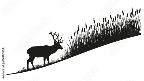 minimalist silhouette of a stag standing on a gentle hill amid tall grasses and reeds