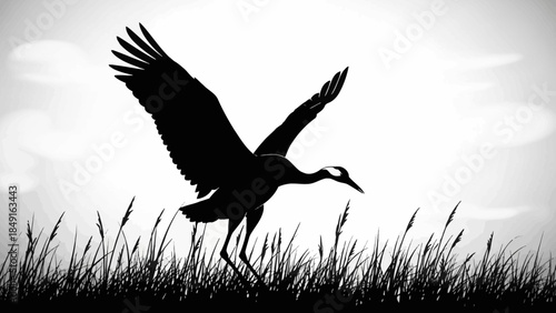 majestic heron in flight silhouetted against a cloudy sky amidst grassland