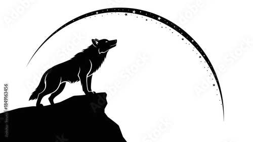 Silhouette of howling wolf on rocky outcrop against night sky with starry arc