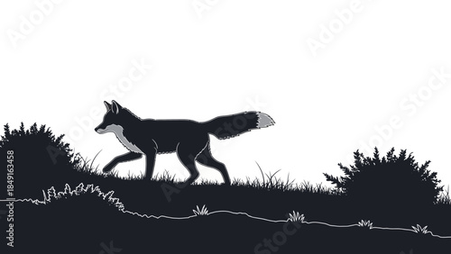 Silhouette of a fox walking through natural landscape with bushes and grass in a minimalist