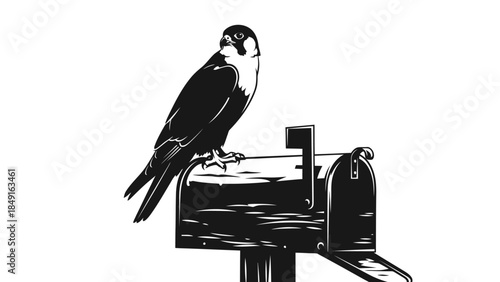 Silhouette Illustration of a Perched bird on a Wooden Mailbox with Nature Inspired Design